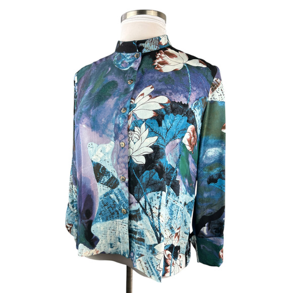NWT CITRON Santa Monica 100% Silk Button Front Blouse Abstract Floral Size XL - Picture 8 of 16